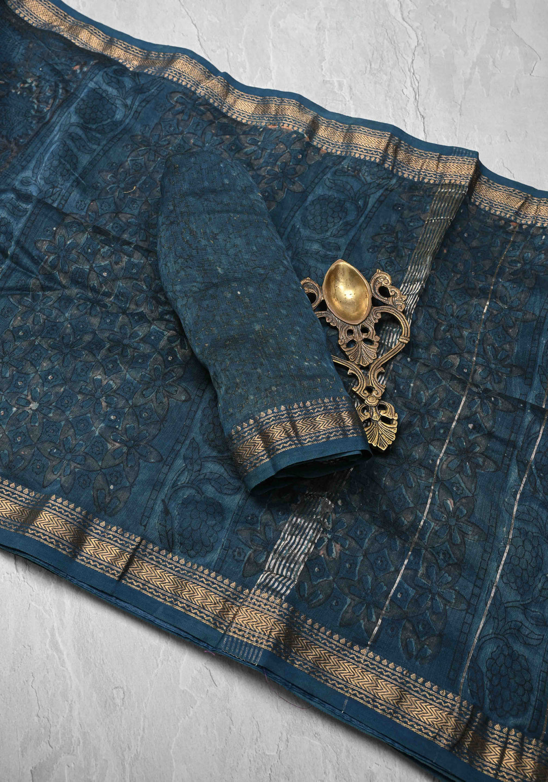 Prussian Blue Chanderi Silk Cotton Saree with Sanganeri Floral Hand Block Print and Zari Border
