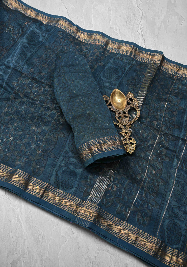 Prussian Blue Chanderi Silk Cotton Saree with Sanganeri Floral Hand Block Print and Zari Border