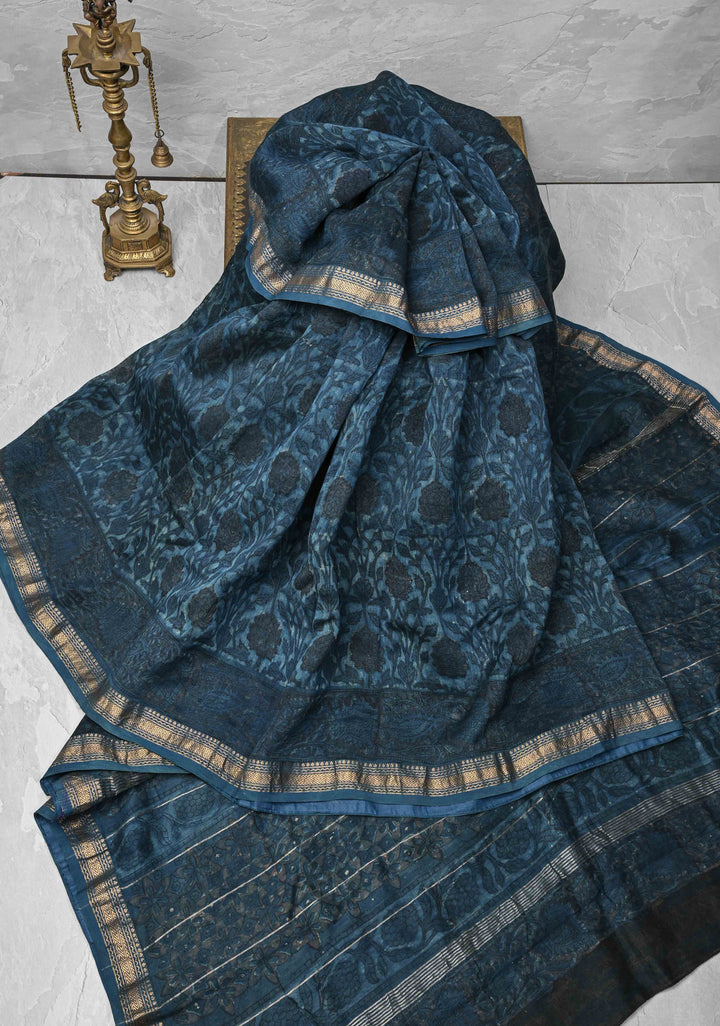 Prussian Blue Chanderi Silk Cotton Saree with Sanganeri Floral Hand Block Print and Zari Border