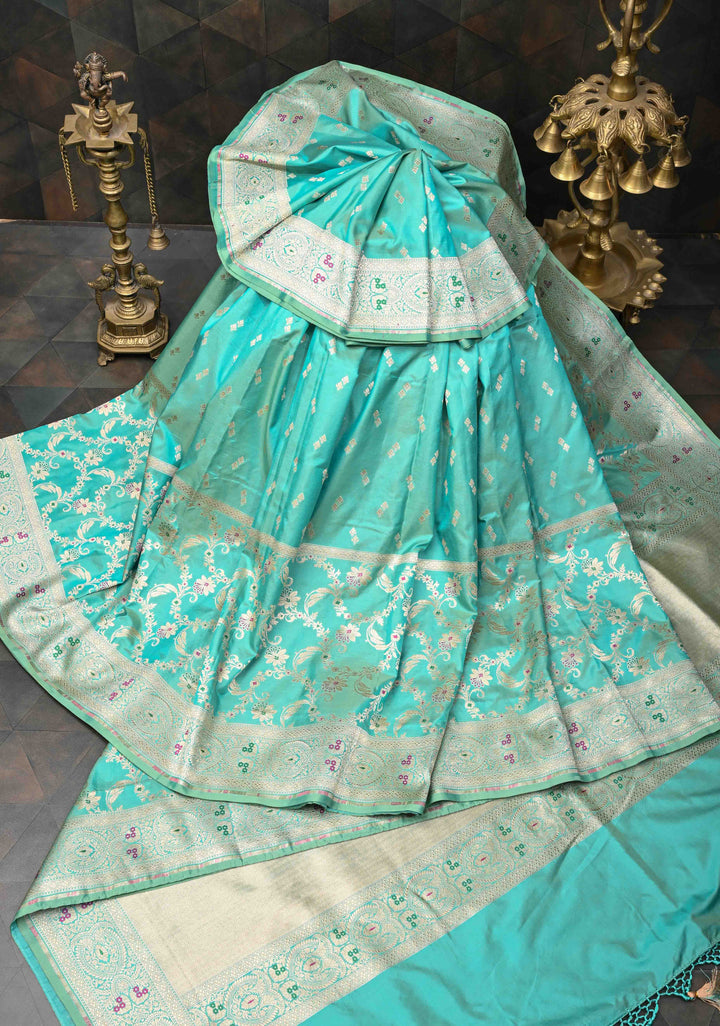 Cyan Dual Tone  Banarasi Katan Silk Saree with Meenakari Floral Jaal and Zari Border | SILK MARK CERTIFIED