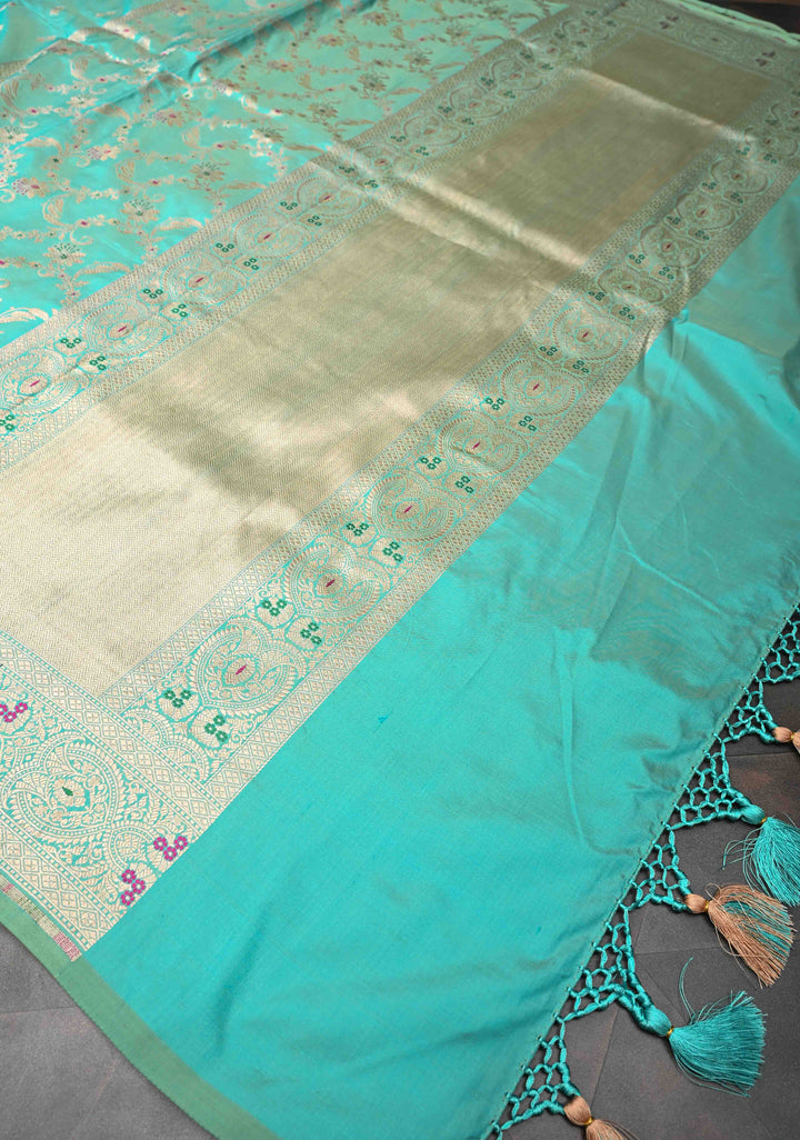 Cyan Dual Tone  Banarasi Katan Silk Saree with Meenakari Floral Jaal and Zari Border | SILK MARK CERTIFIED