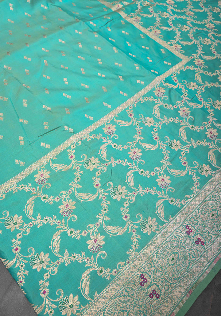 Cyan Dual Tone  Banarasi Katan Silk Saree with Meenakari Floral Jaal and Zari Border | SILK MARK CERTIFIED