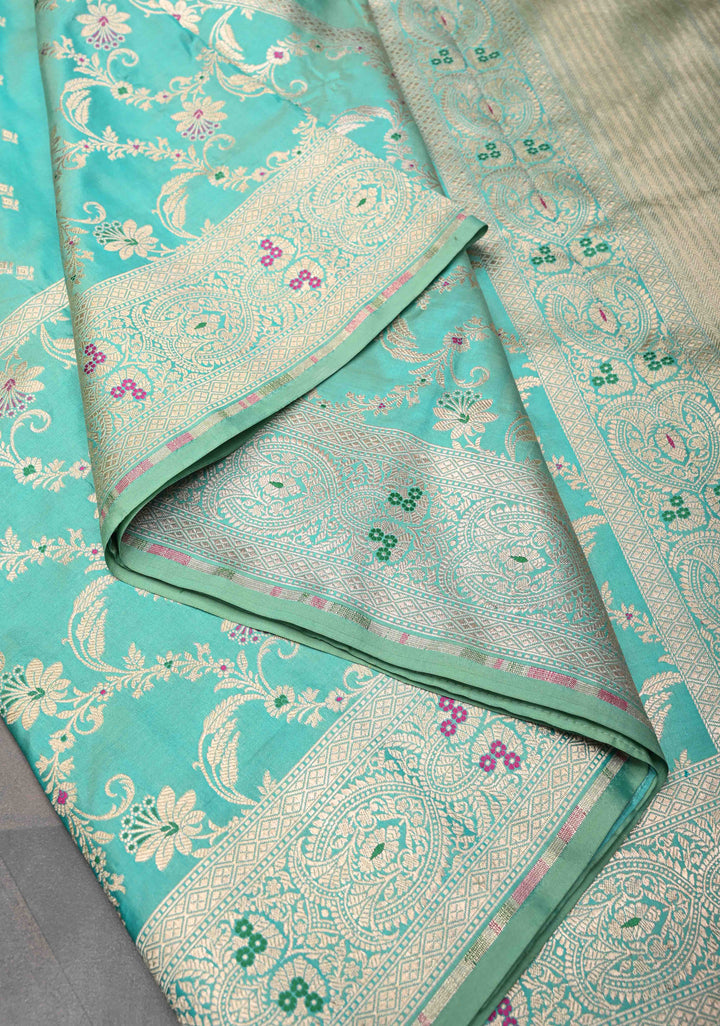 Cyan Dual Tone  Banarasi Katan Silk Saree with Meenakari Floral Jaal and Zari Border | SILK MARK CERTIFIED