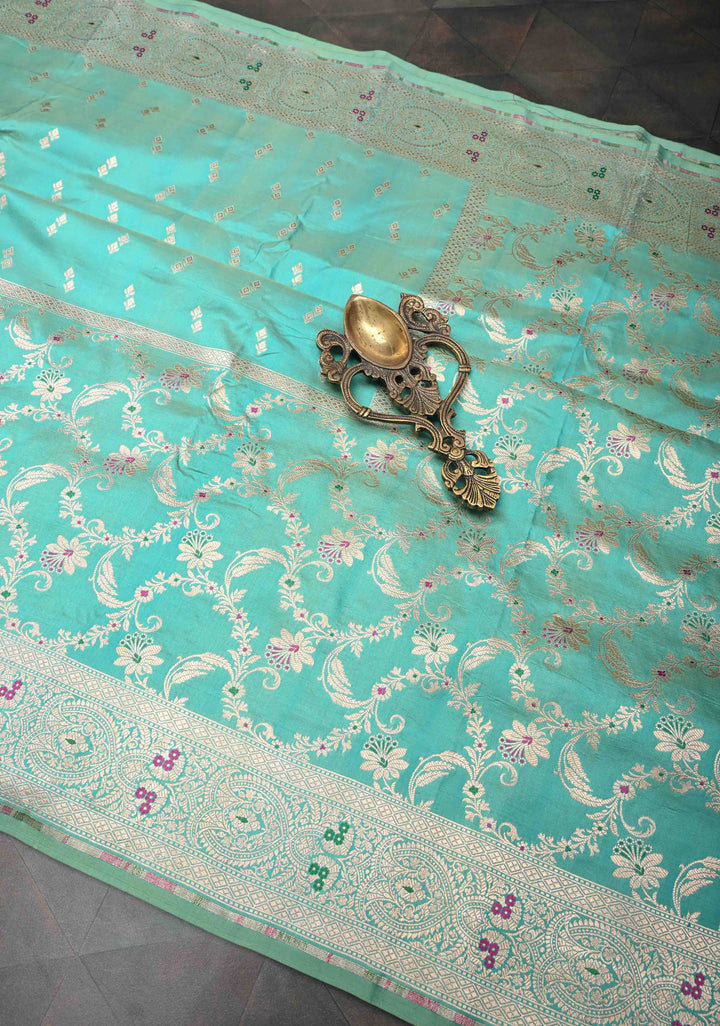Cyan Dual Tone  Banarasi Katan Silk Saree with Meenakari Floral Jaal and Zari Border | SILK MARK CERTIFIED