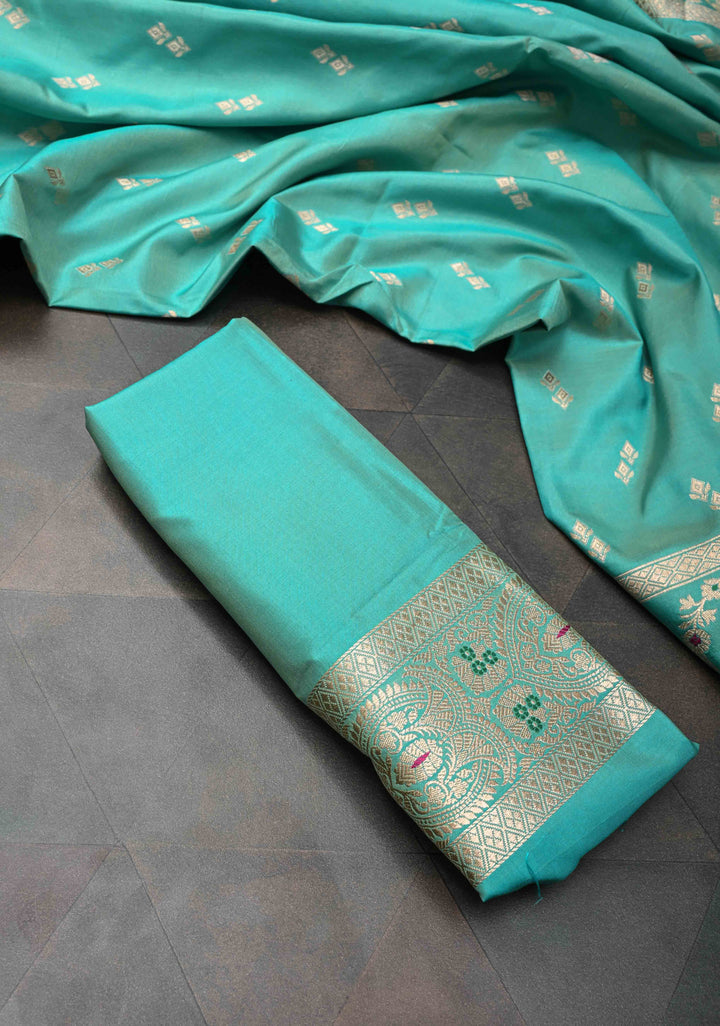 Cyan Dual Tone  Banarasi Katan Silk Saree with Meenakari Floral Jaal and Zari Border | SILK MARK CERTIFIED