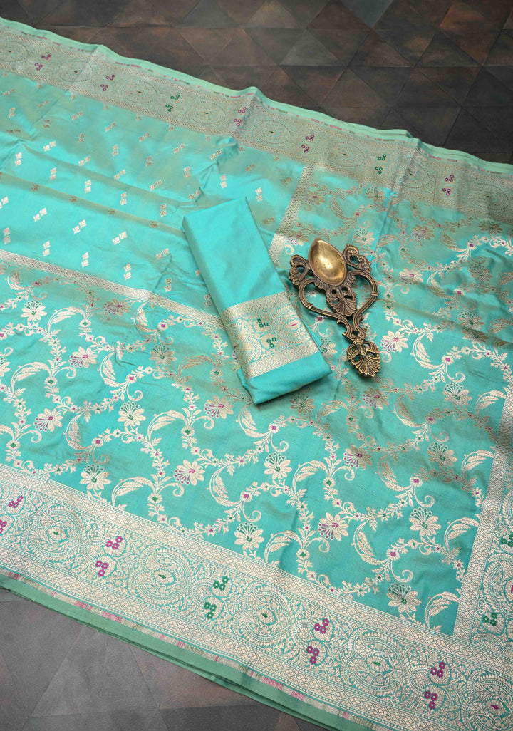 Cyan Dual Tone  Banarasi Katan Silk Saree with Meenakari Floral Jaal and Zari Border | SILK MARK CERTIFIED