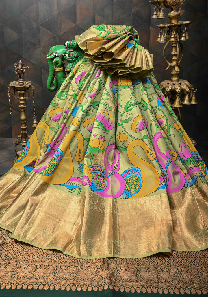 Authentic Green Kalamkari on Pure Kanjivaram Silk Saree With Zari Border | SILK MARK CERTIFIED