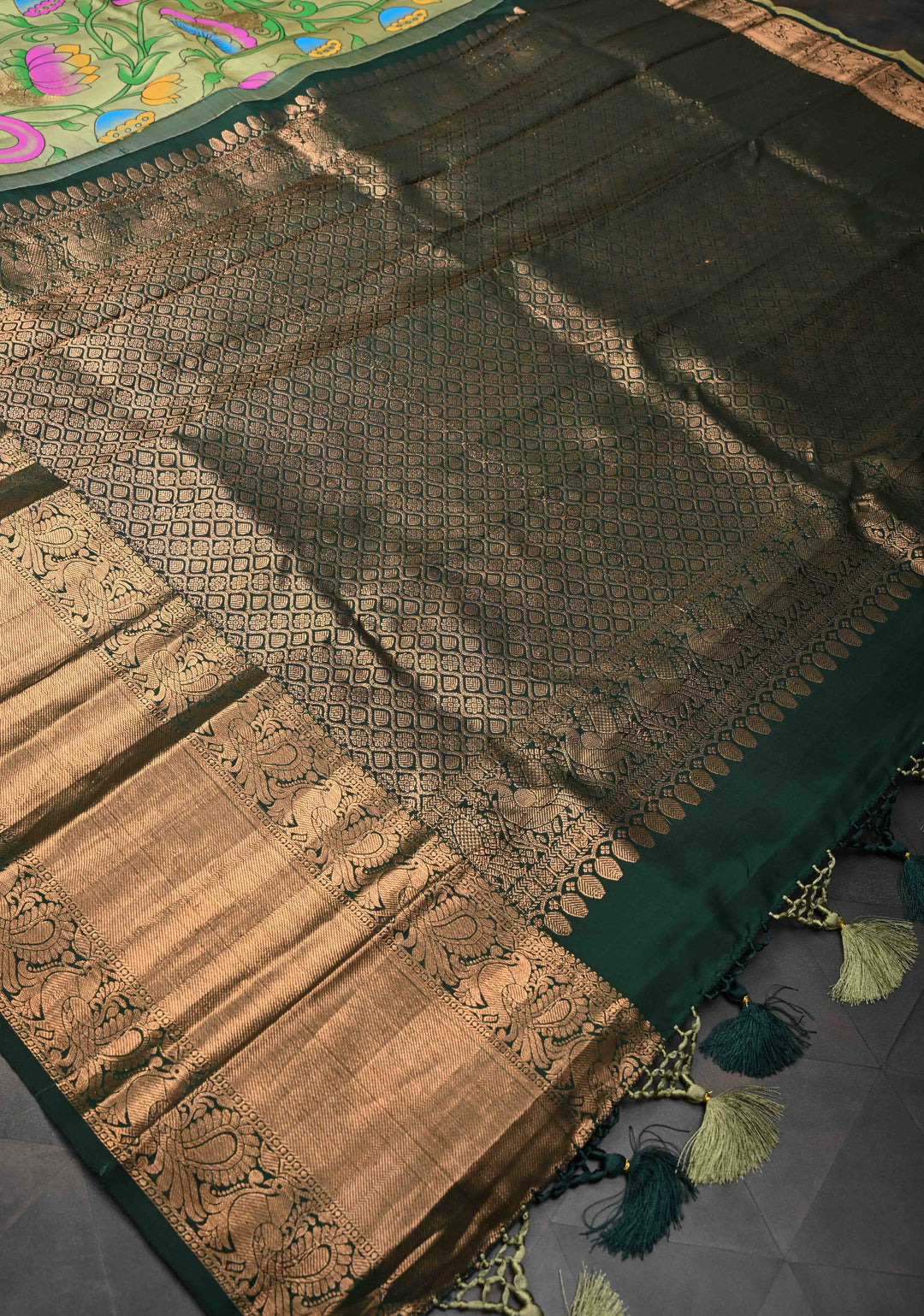 Authentic Green Kalamkari on Pure Kanjivaram Silk Saree With Zari Border | SILK MARK CERTIFIED