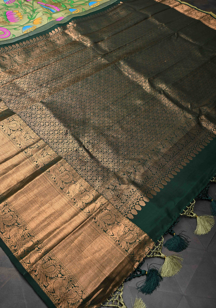 Authentic Green Kalamkari on Pure Kanjivaram Silk Saree With Zari Border | SILK MARK CERTIFIED