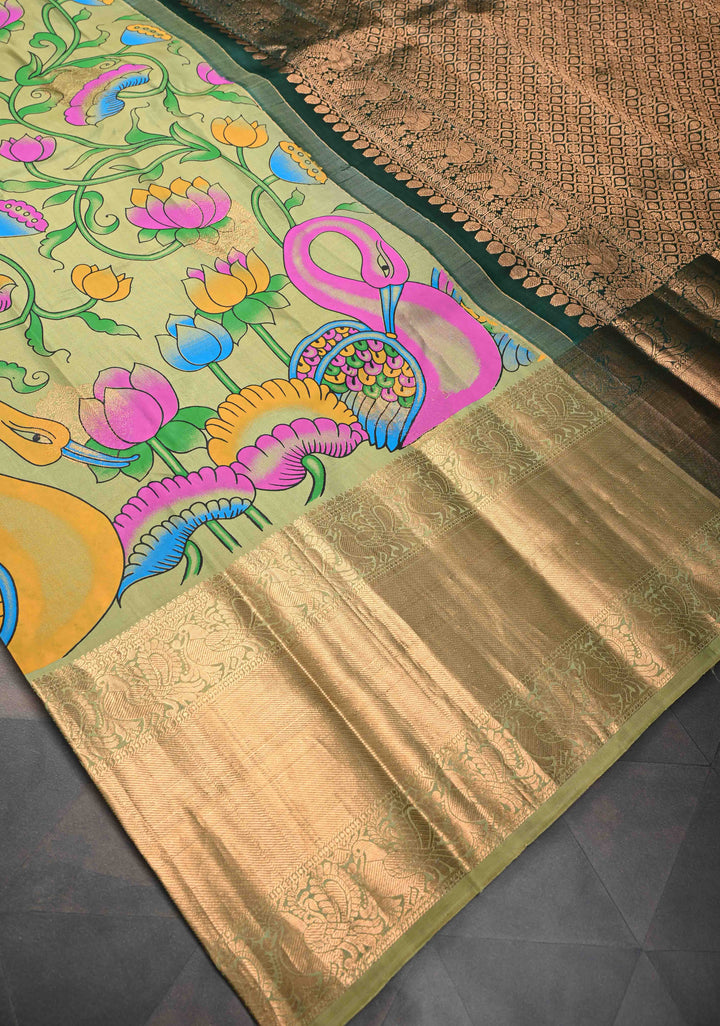 Authentic Green Kalamkari on Pure Kanjivaram Silk Saree With Zari Border | SILK MARK CERTIFIED