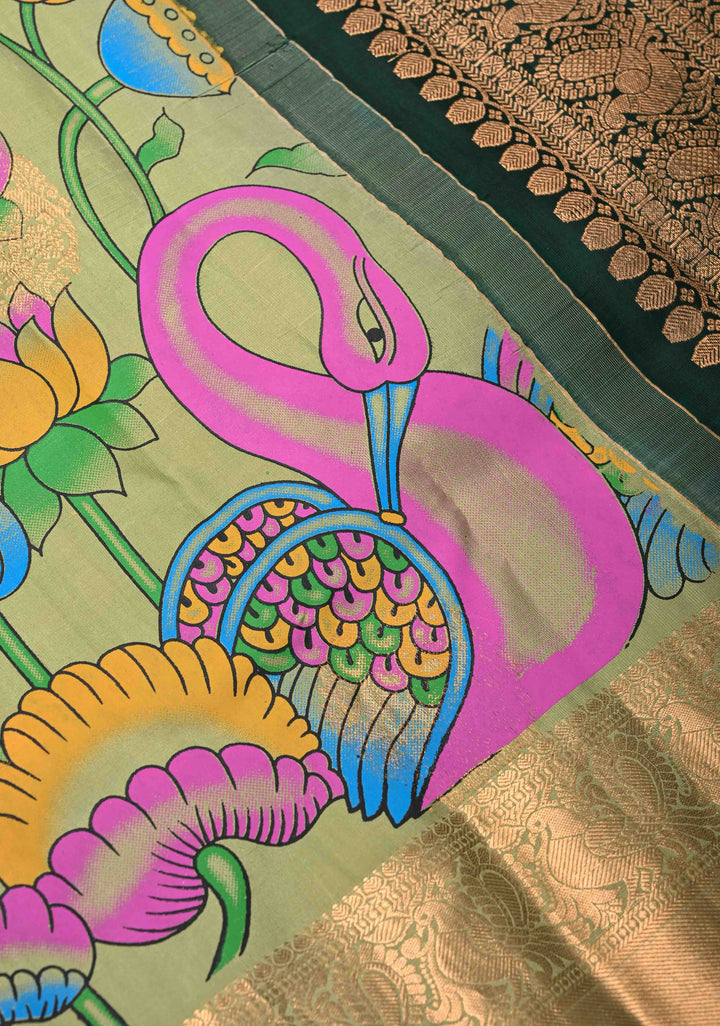 Authentic Green Kalamkari on Pure Kanjivaram Silk Saree With Zari Border | SILK MARK CERTIFIED