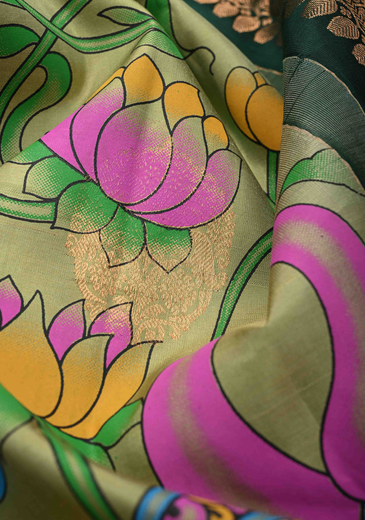 Authentic Green Kalamkari on Pure Kanjivaram Silk Saree With Zari Border | SILK MARK CERTIFIED