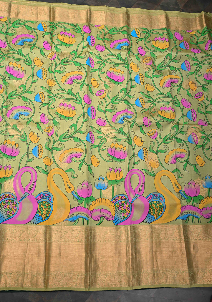 Authentic Green Kalamkari on Pure Kanjivaram Silk Saree With Zari Border | SILK MARK CERTIFIED