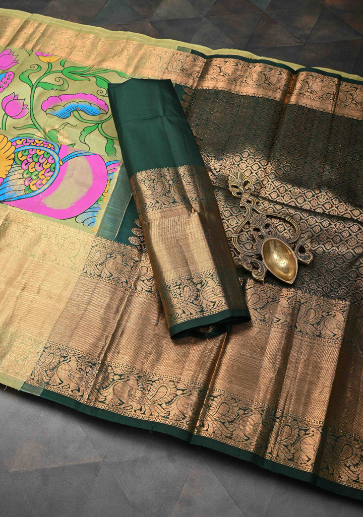Authentic Green Kalamkari on Pure Kanjivaram Silk Saree With Zari Border | SILK MARK CERTIFIED