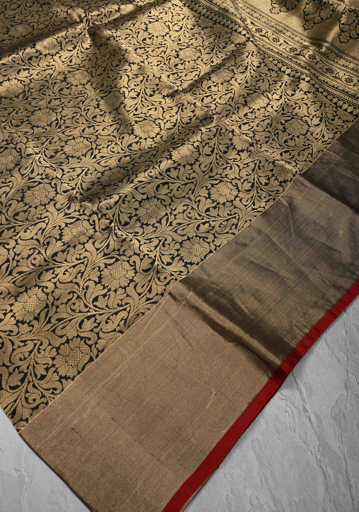 Black Banarasi Katan Silk Saree with Floral Brocade and Zari Borders | SILK MARK CERTIFIED