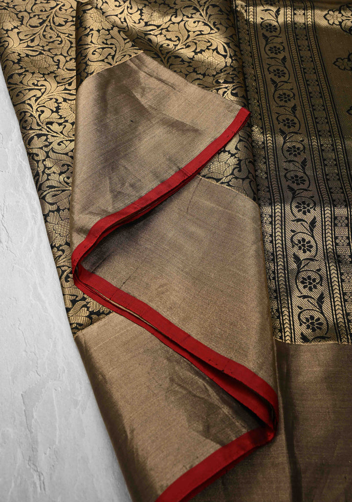 Black Banarasi Katan Silk Saree with Floral Brocade and Zari Borders | SILK MARK CERTIFIED