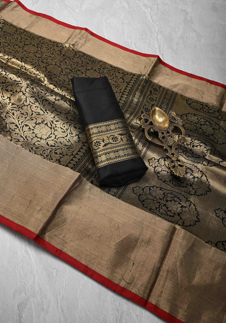 Black Banarasi Katan Silk Saree with Floral Brocade and Zari Borders | SILK MARK CERTIFIED