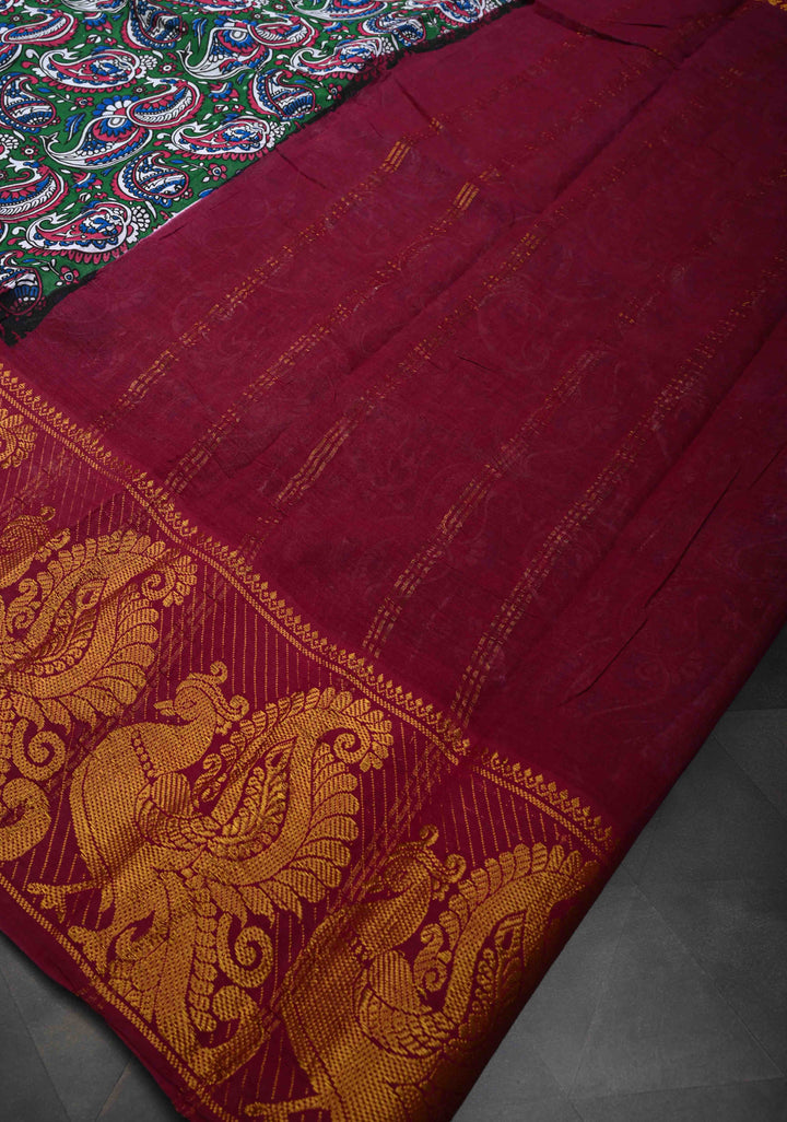 Green Madurai Cotton Saree with Paisley Screen Print and Wide Zari Border, No Blouse Peice