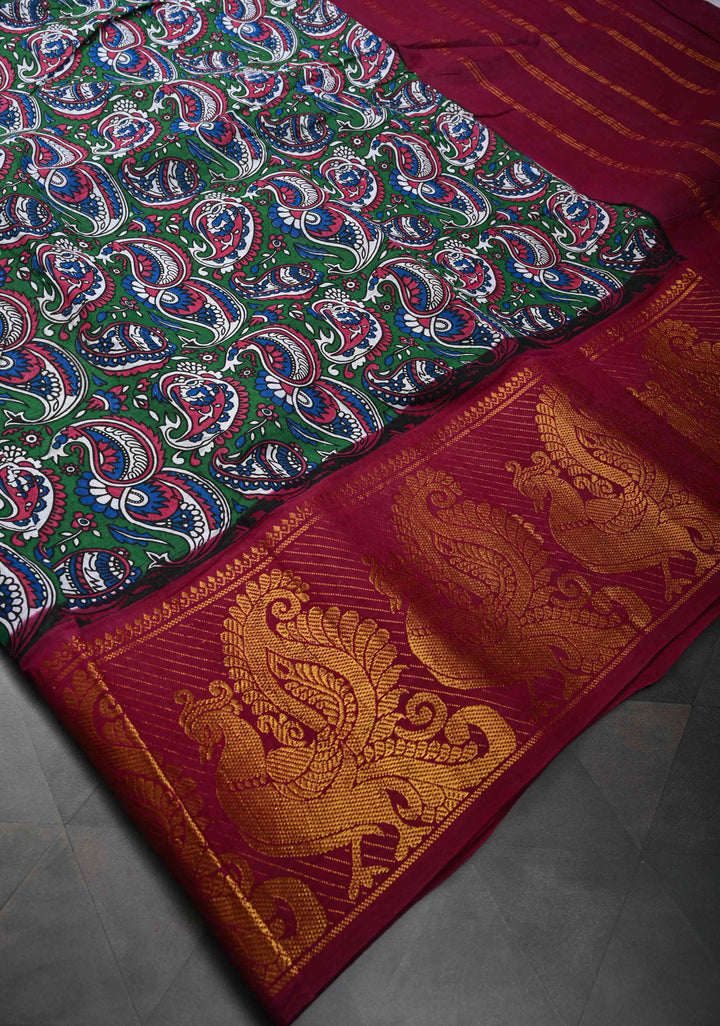 Green Madurai Cotton Saree with Paisley Screen Print and Wide Zari Border, No Blouse Peice