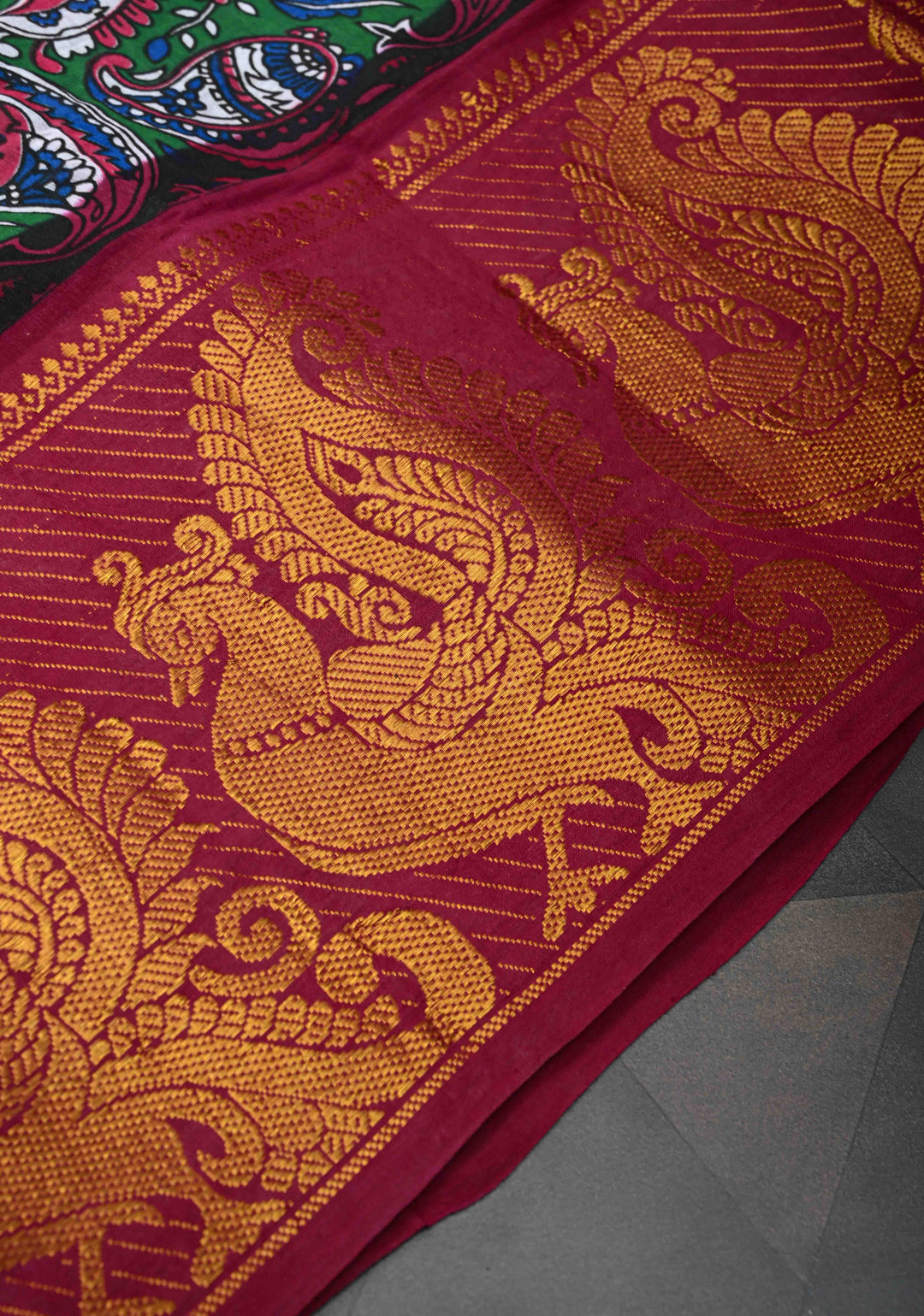 Green Madurai Cotton Saree with Paisley Screen Print and Wide Zari Border, No Blouse Peice