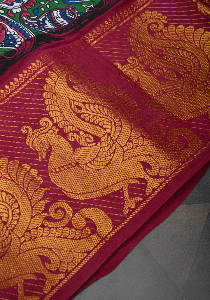 Green Madurai Cotton Saree with Paisley Screen Print and Wide Zari Border, No Blouse Peice