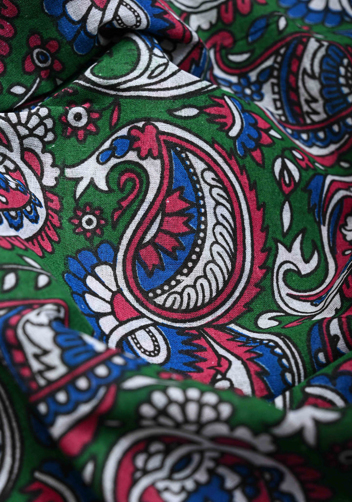 Green Madurai Cotton Saree with Paisley Screen Print and Wide Zari Border, No Blouse Peice