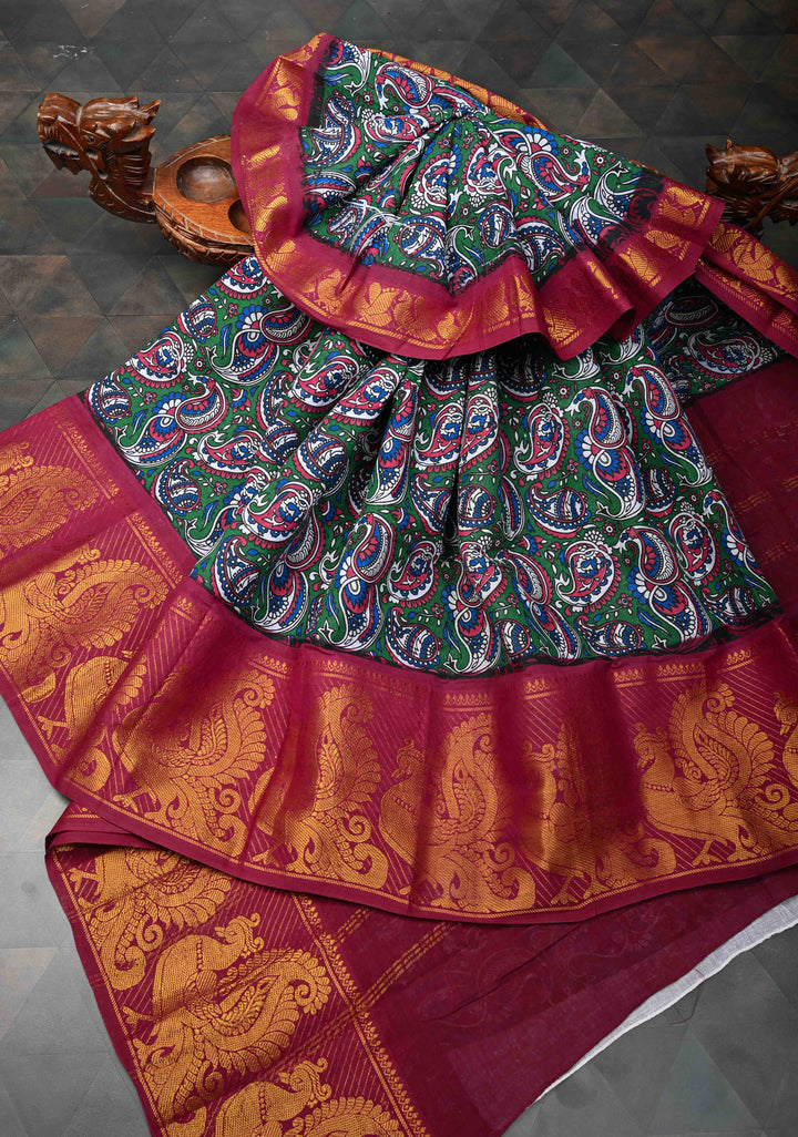 Green Madurai Cotton Saree with Paisley Screen Print and Wide Zari Border, No Blouse Peice