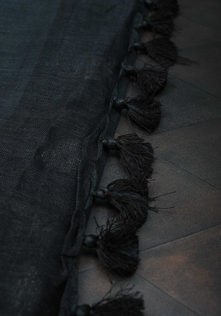Charcoal Black Linen by Linen Saree with Zari Buttas and Zari Border, No Blouse Piece