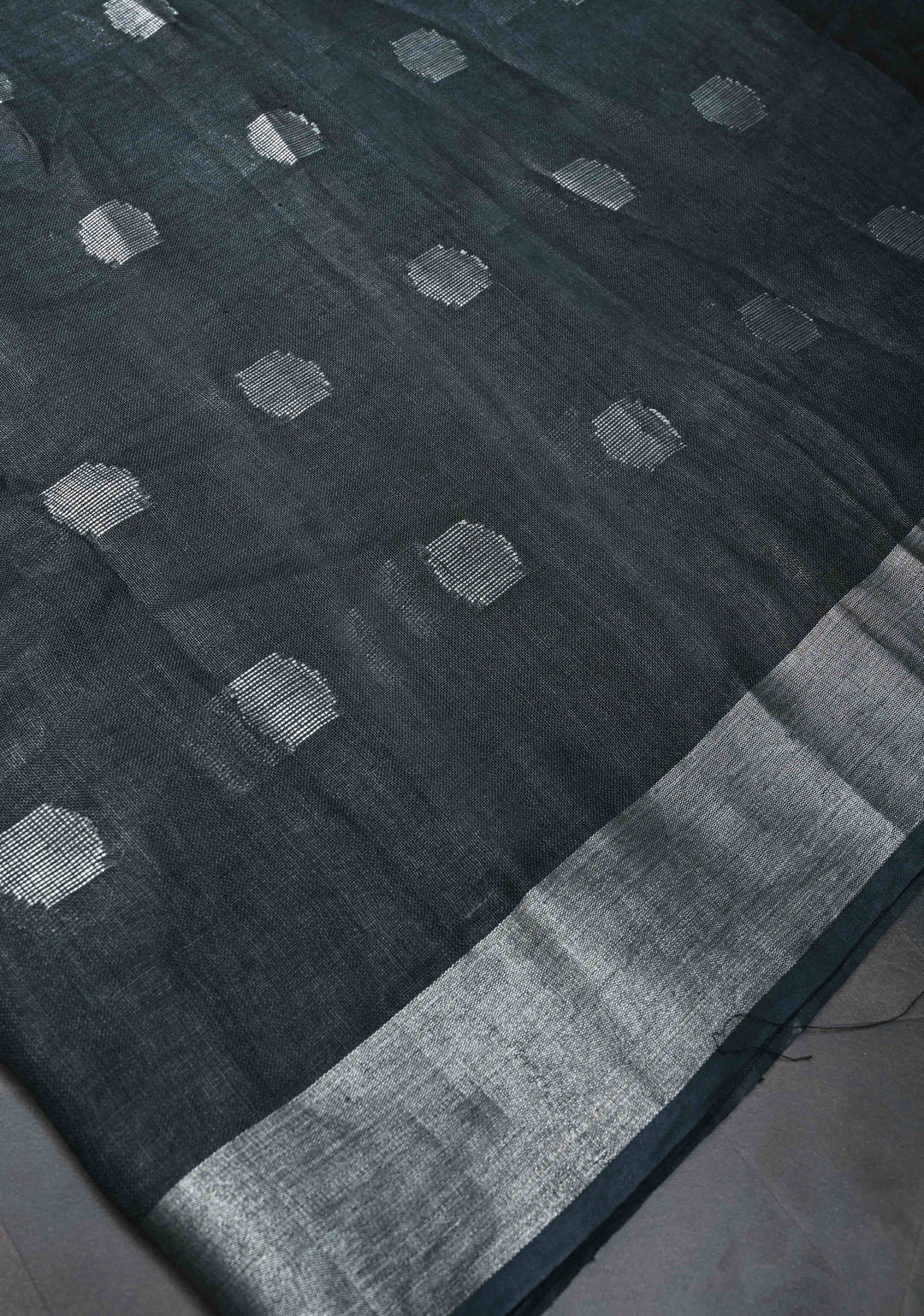 Charcoal Black Linen by Linen Saree with Zari Buttas and Zari Border, No Blouse Piece