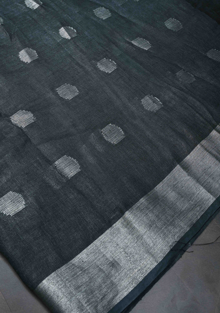 Charcoal Black Linen by Linen Saree with Zari Buttas and Zari Border, No Blouse Piece