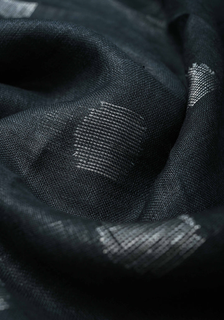 Charcoal Black Linen by Linen Saree with Zari Buttas and Zari Border, No Blouse Piece