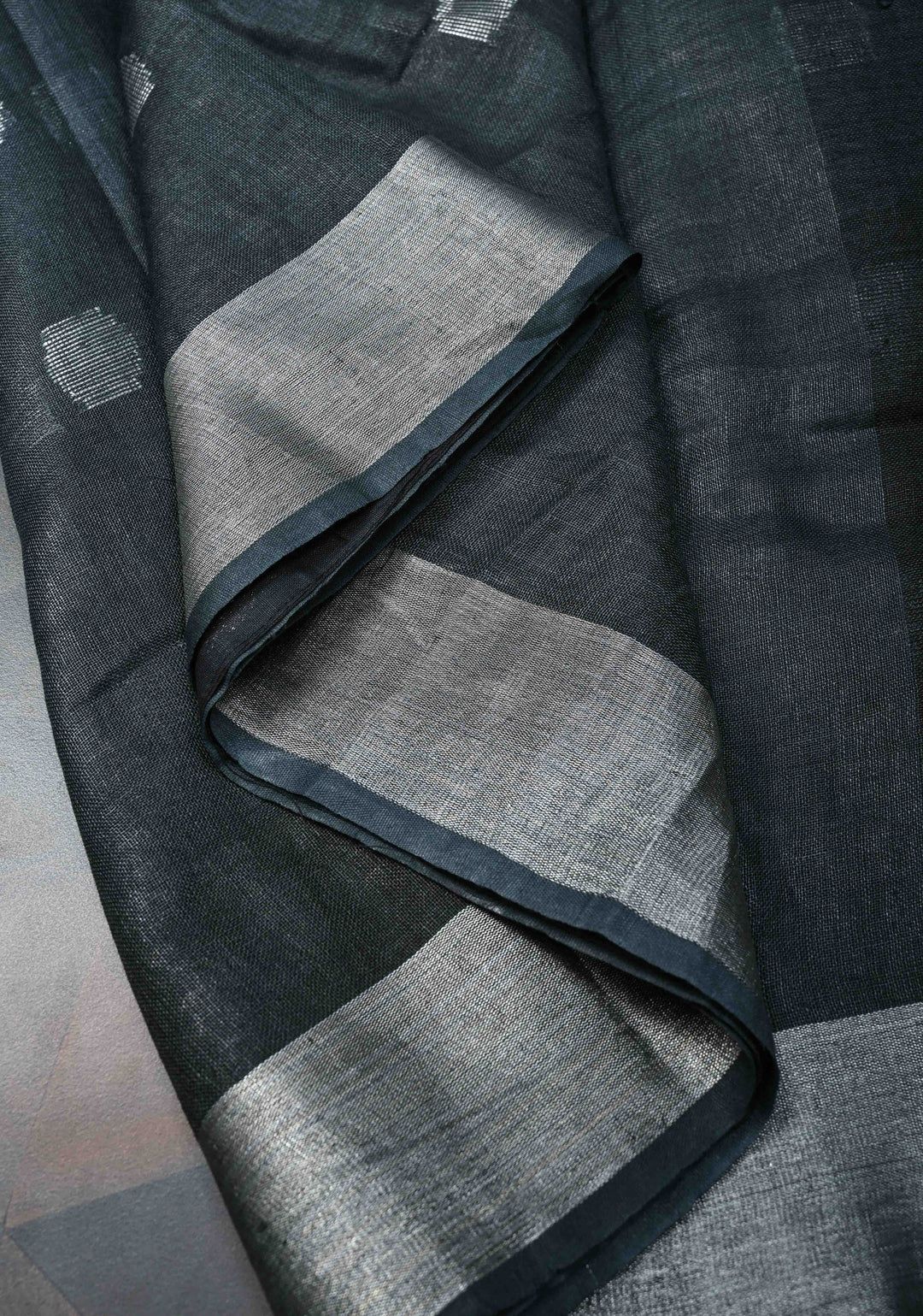 Charcoal Black Linen by Linen Saree with Zari Buttas and Zari Border, No Blouse Piece