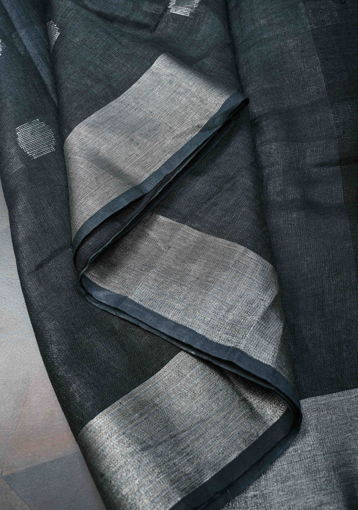 Charcoal Black Linen by Linen Saree with Zari Buttas and Zari Border, No Blouse Piece