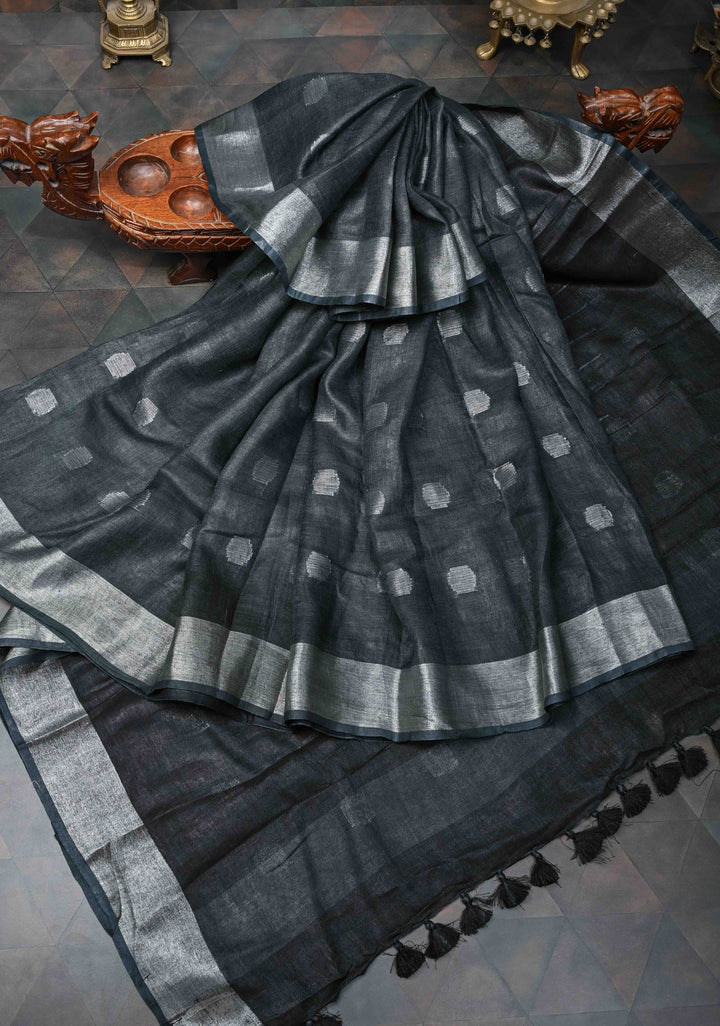 Charcoal Black Linen by Linen Saree with Zari Buttas and Zari Border, No Blouse Piece
