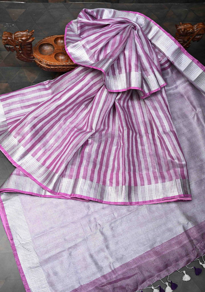Purple and Silver Alternating Linen Tissue Saree with Zari Border