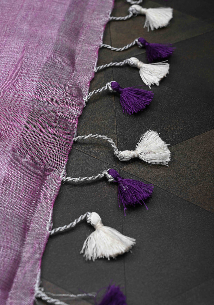 Purple and Silver Alternating Linen Tissue Saree with Zari Border