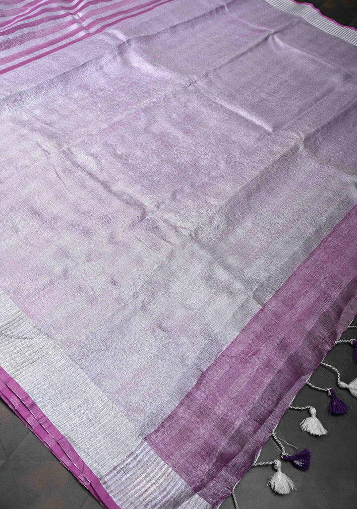 Purple and Silver Alternating Linen Tissue Saree with Zari Border