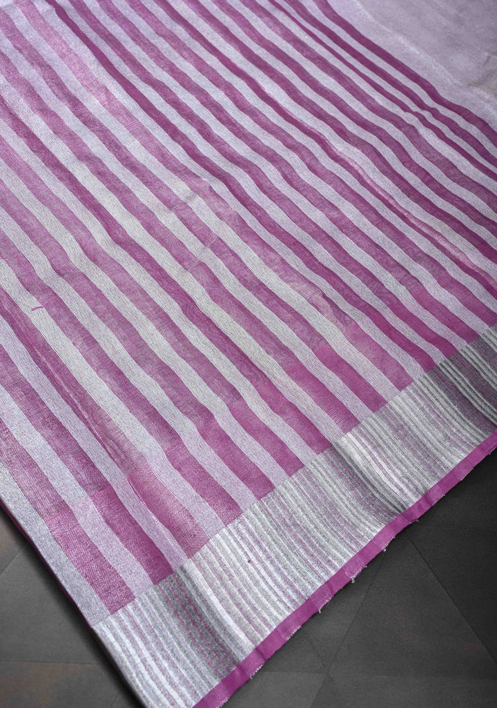 Purple and Silver Alternating Linen Tissue Saree with Zari Border