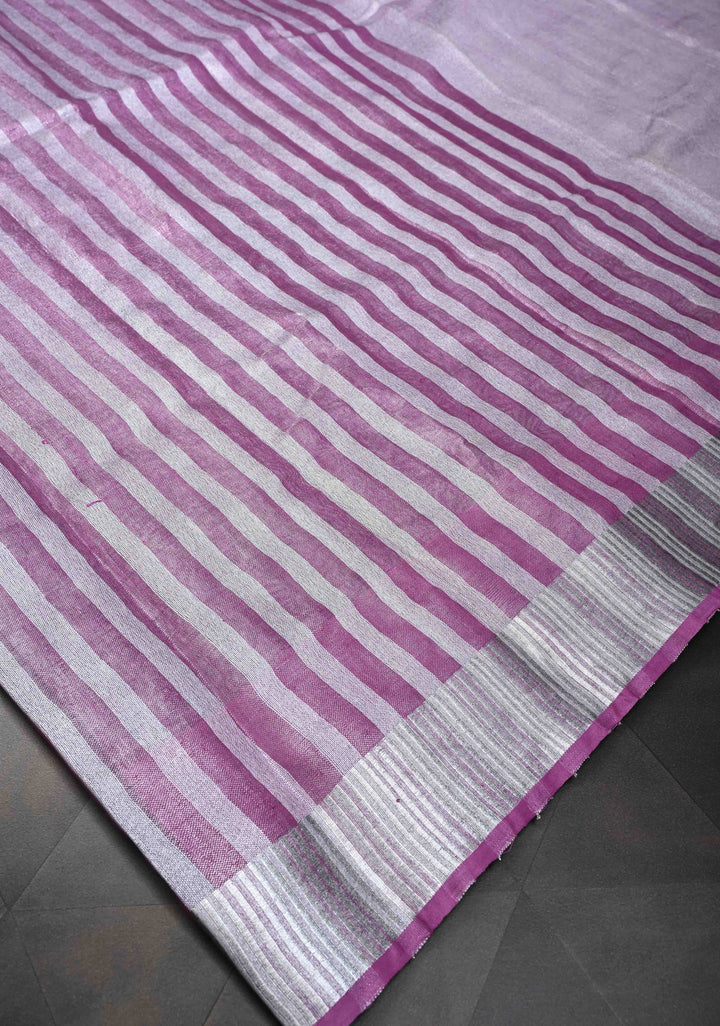 Purple and Silver Alternating Linen Tissue Saree with Zari Border