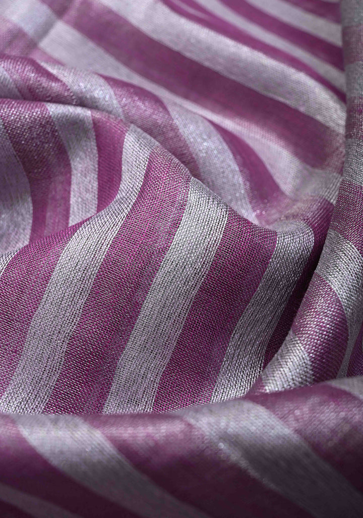 Purple and Silver Alternating Linen Tissue Saree with Zari Border
