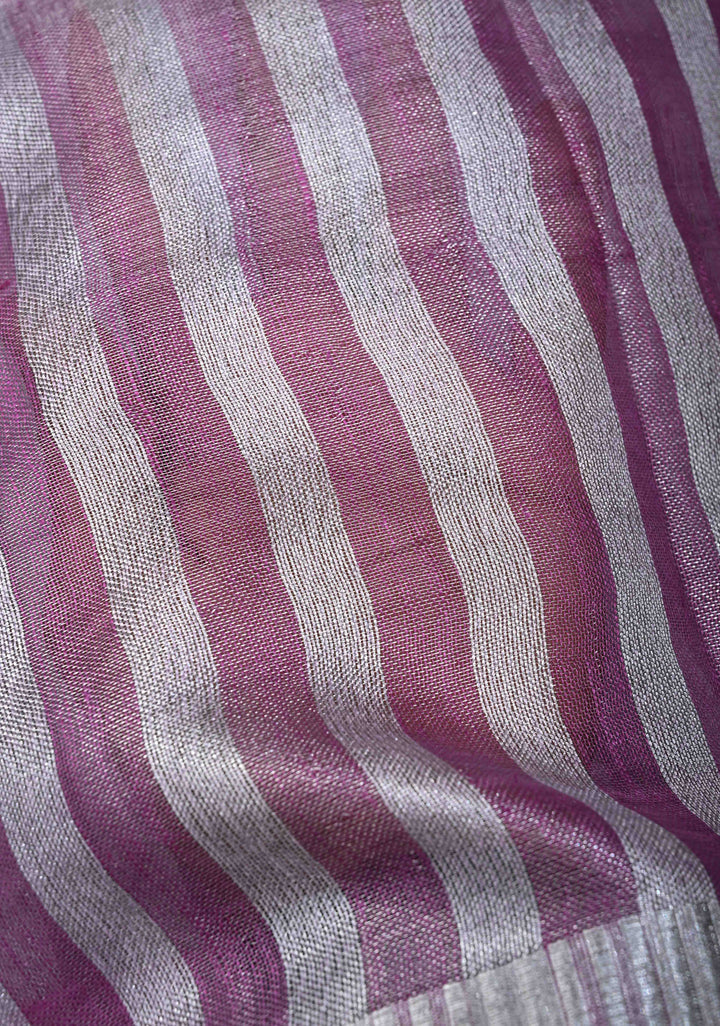Purple and Silver Alternating Linen Tissue Saree with Zari Border