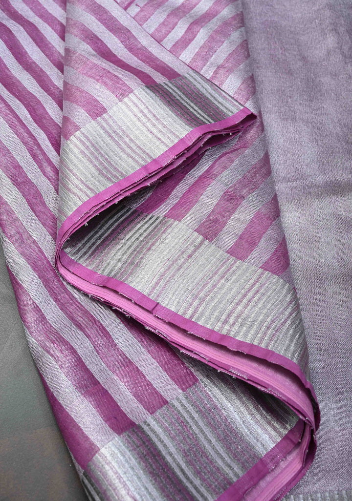 Purple and Silver Alternating Linen Tissue Saree with Zari Border
