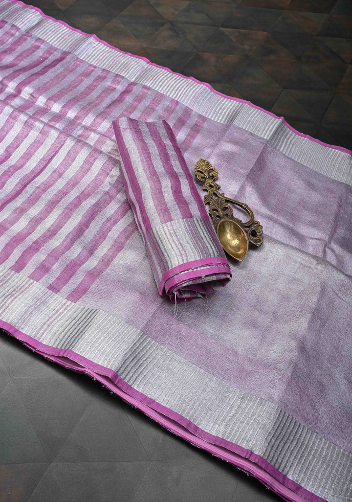 Purple and Silver Alternating Linen Tissue Saree with Zari Border