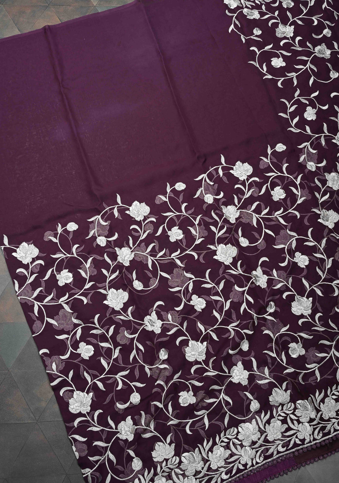 Parsi Gara Design Machine Embroidery on Purple Georgette | SILK MARK CERTIFIED