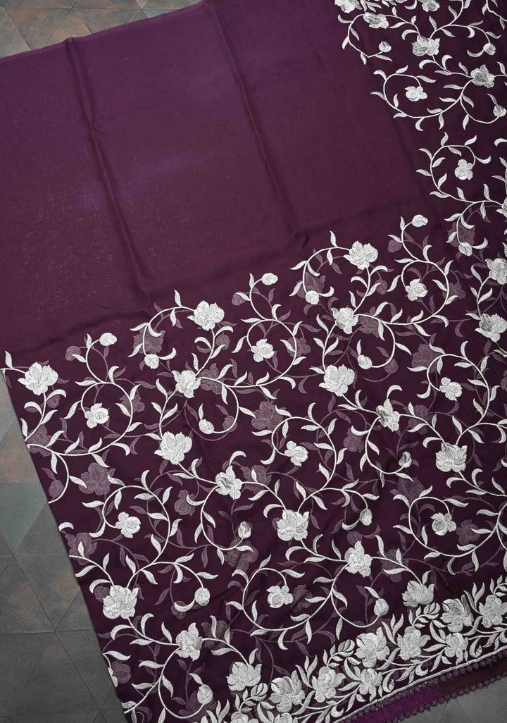 Parsi Gara Design Machine Embroidery on Purple Georgette | SILK MARK CERTIFIED