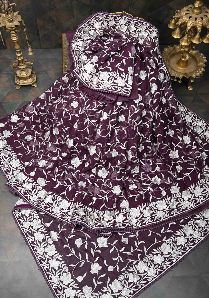 Parsi Gara Design Machine Embroidery on Purple Georgette | SILK MARK CERTIFIED