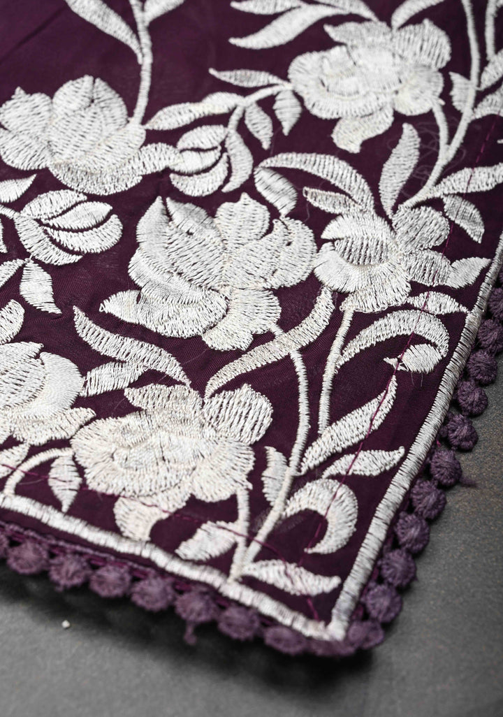 Parsi Gara Design Machine Embroidery on Purple Georgette | SILK MARK CERTIFIED