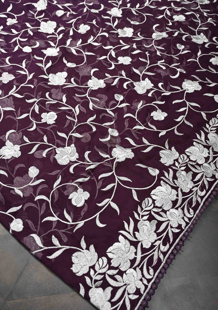 Parsi Gara Design Machine Embroidery on Purple Georgette | SILK MARK CERTIFIED