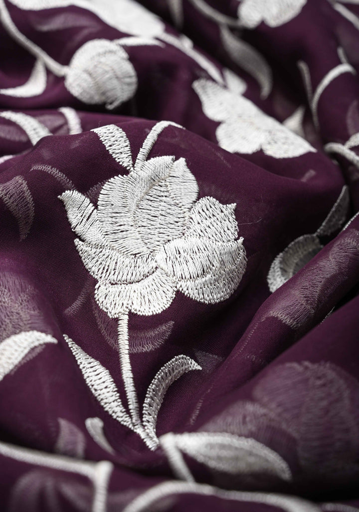 Parsi Gara Design Machine Embroidery on Purple Georgette | SILK MARK CERTIFIED