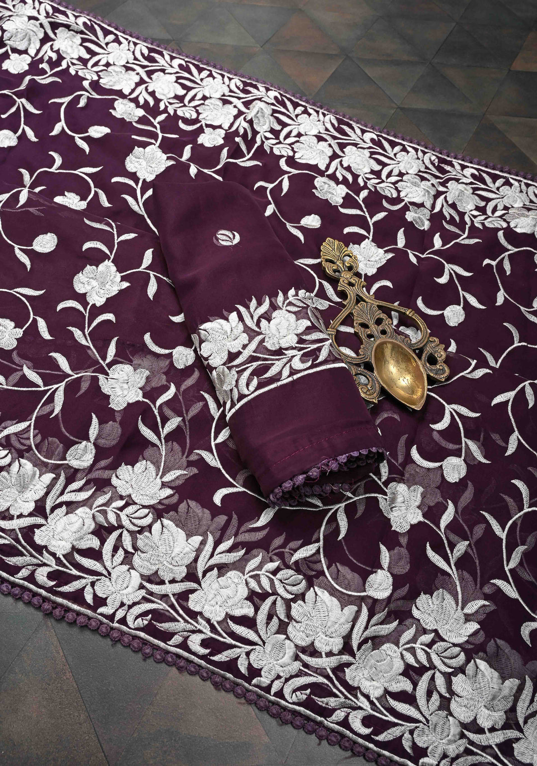 Parsi Gara Design Machine Embroidery on Purple Georgette | SILK MARK CERTIFIED